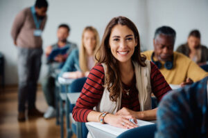 happy female student in class