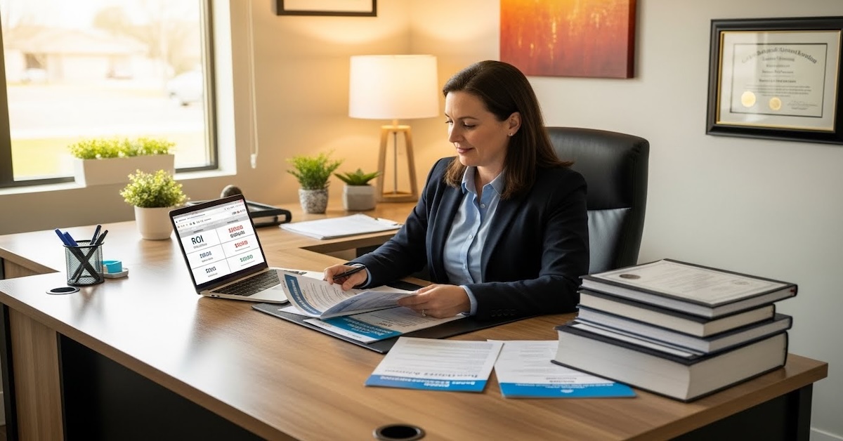 addiction-counseling-degree-roi-analysis - Addiction-Counselors.com professional woman reviewing addiction counseling degree costs and return on investment analysis at desk