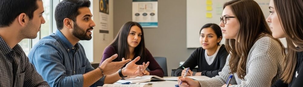 Addiction counseling students in classroom discussion with clinical textbook and study materials