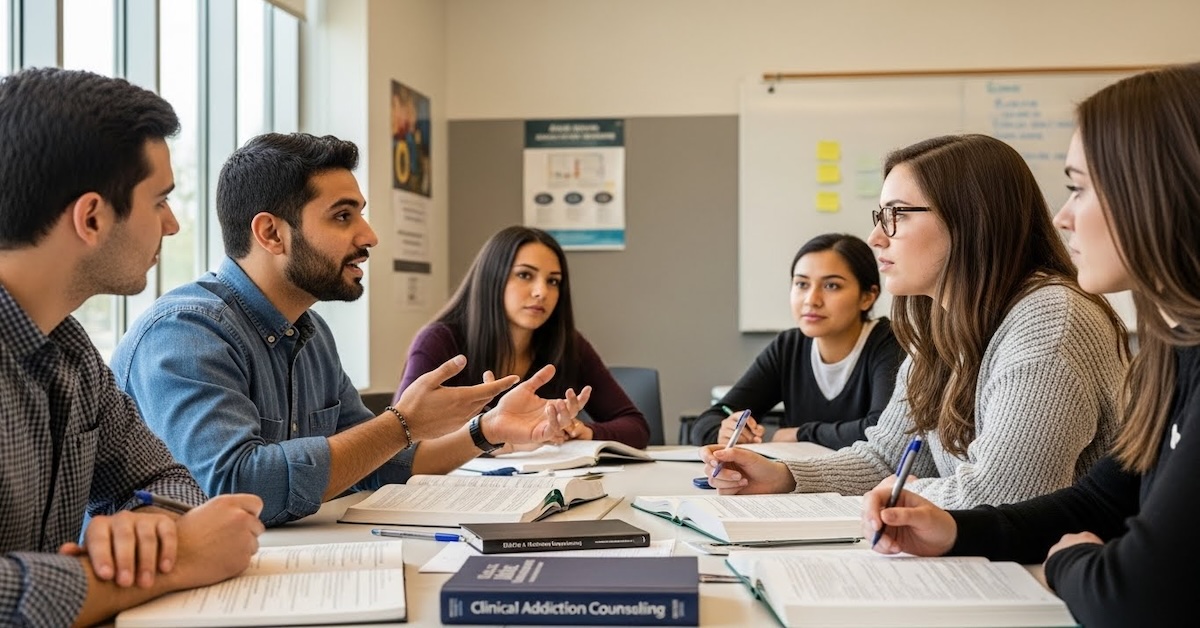 addiction-counseling-students-classroom-discussion - Addiction-Counselors.com Addiction counseling students in classroom discussion with clinical textbook and study materials