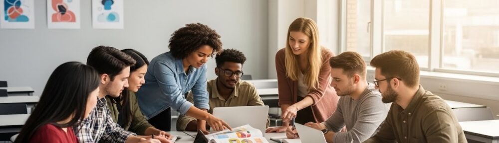 Group of diverse students collaborating on addiction counseling coursework with laptops and charts in modern classroom