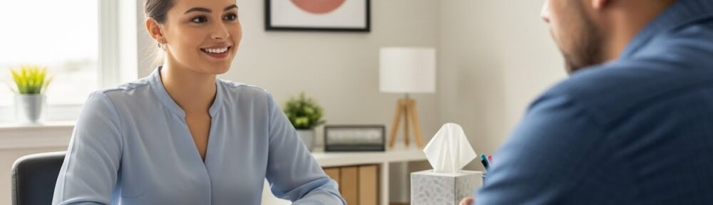 addiction counselor conducting individual therapy session with client in professional office setting