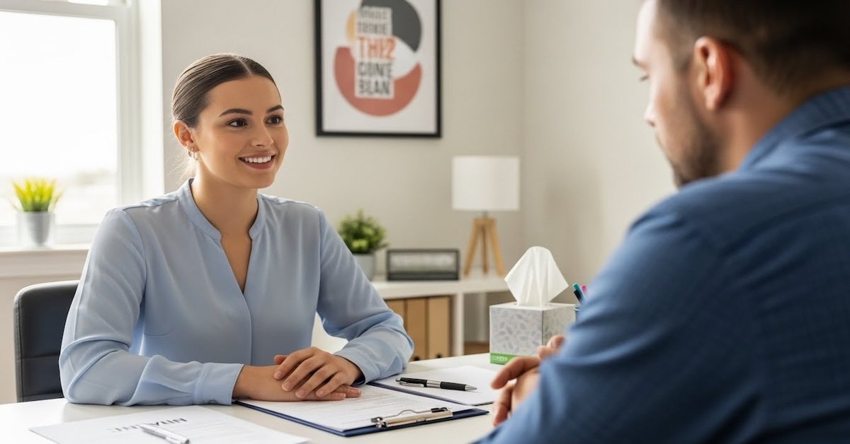 addiction-counselor-client-session - Addiction-Counselors.com addiction counselor conducting individual therapy session with client in professional office setting