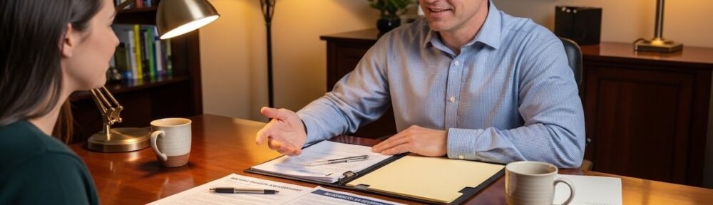 academic advisor discussing dual diagnosis degree program options with prospective student in office setting