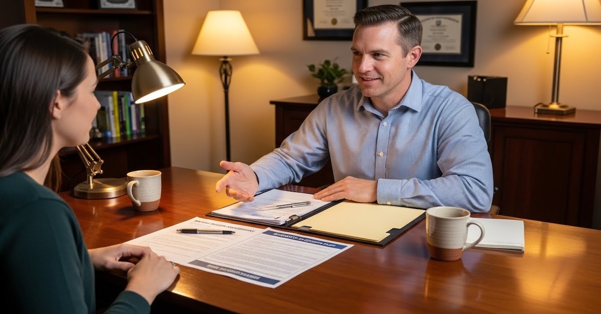 dual-diagnosis-degree-program-academic-advising-session - Addiction-Counselors.com academic advisor discussing dual diagnosis degree program options with prospective student in office setting