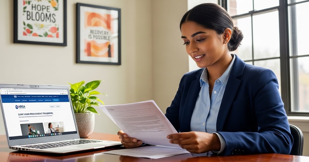 healthcare-professional-reviewing-loan-repayment-application - Addiction-Counselors.com Professional woman in business attire reviewing loan repayment documents while researching government scholarship programs on laptop