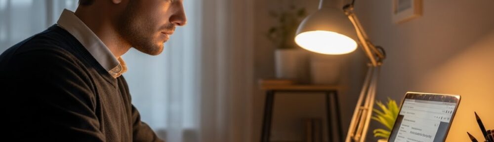 working professional studying addiction counseling coursework on laptop in home office with warm evening lighting