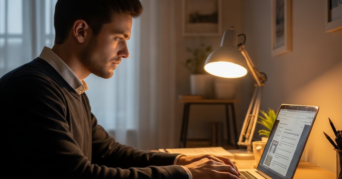 professional-student-studying-laptop-evening-home-office - Addiction-Counselors.com working professional studying addiction counseling coursework on laptop in home office with warm evening lighting