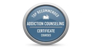 Top recommended addiction counseling certificate courses badge with book icon on blue and silver seal design